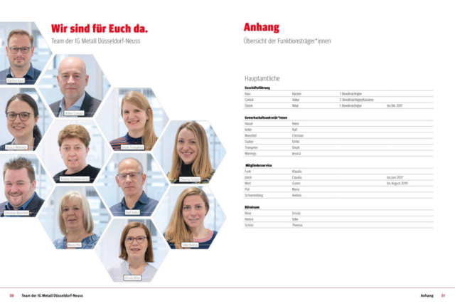 Geschäftsbericht IG Metall Düsseldorf-Neuss, Doppelseite 50-51, Gestaltung: Stephan Wissner, pixelstaub.koeln